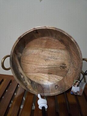Handcrafted Wooden Bowl with Brass Handles - Natural Wood Tone NEW
